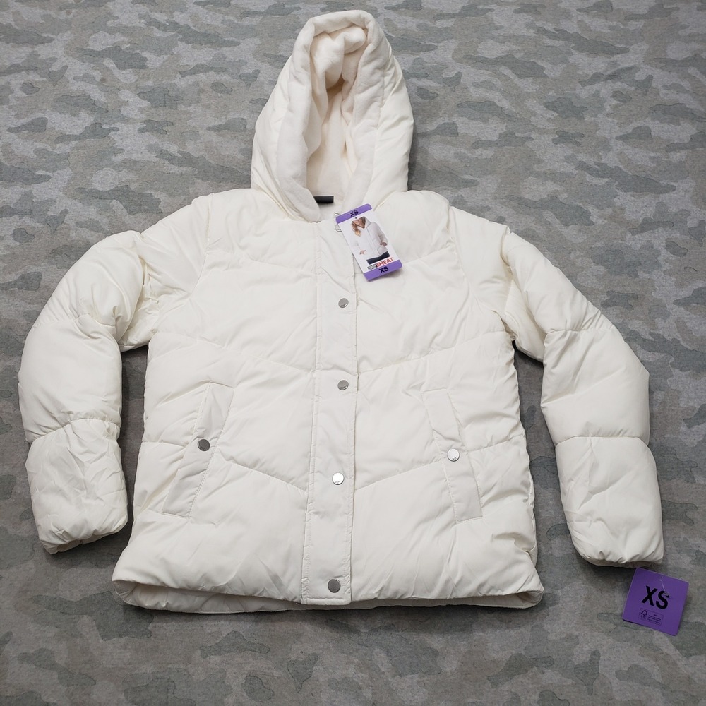 32 Degrees Heat Puffer Jacket Women XS White Faux Fur Lined Hooded NWT
